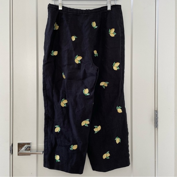 Talbots Irish Linen Petites Womens Lemon Embroidered Ankle Pants Black Sz 12 - Picture 2 of 10